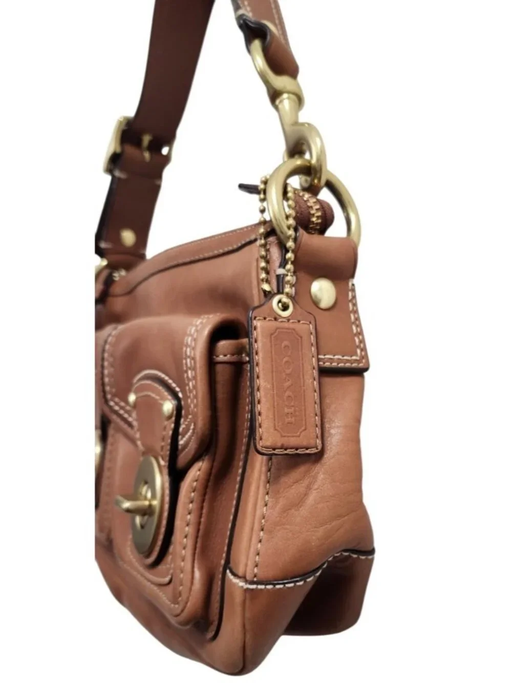 Coach F12868 65th Anniversary Double Turnlock Whiskey Leather Shoulder Bag